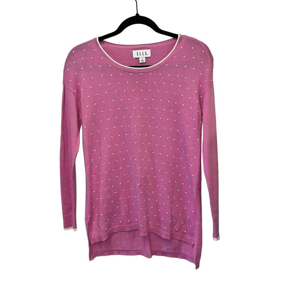 Elle Pink Polka Dot Knit Sweater Medium Hi-Low Hem Lightweight Top